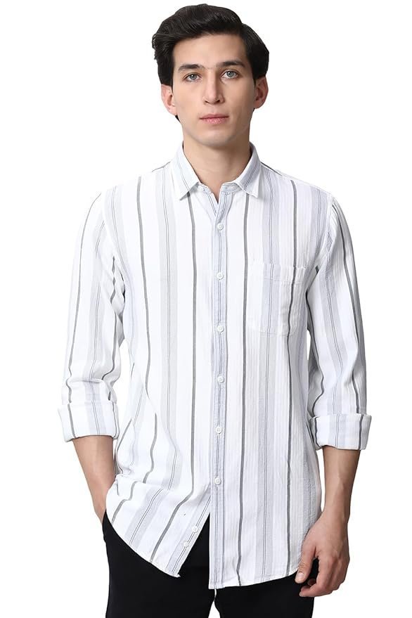 Peter England Men's Linen Blend Shirt | Subtle Stripes | Full Sleeves